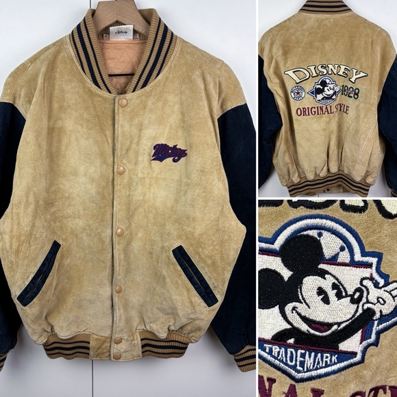 Disney World Vintage Suede Leather Mickey Embroidered Varsity Bomber Jacket Tan